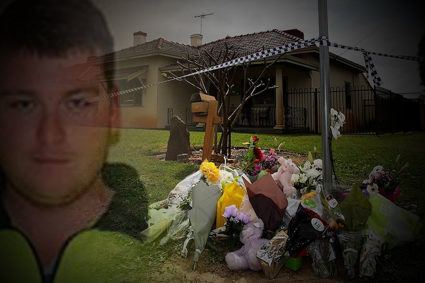 A house with flowers out the front and a man's face superimposed over the top.