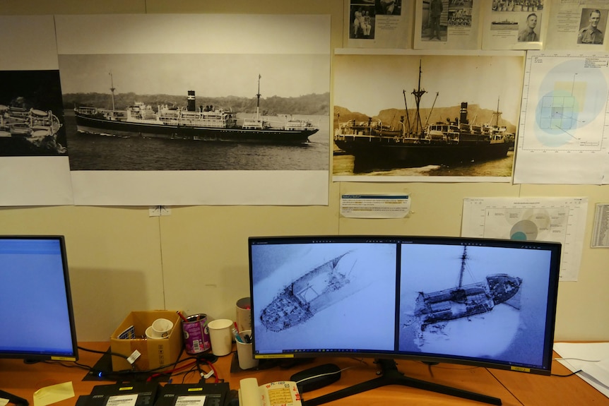 Old photos of a ship and new images of a shipwreck.