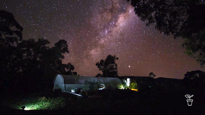 Photo taken at night of lit vegie garden and star-filled sky