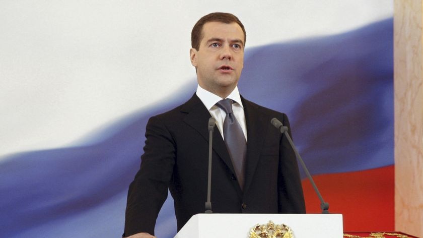 Russian President Dmitry Medvedev takes the Russian presidential oath