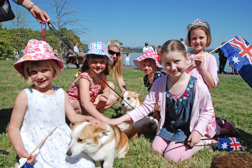 Girls petting corgis ahead of seeing the Queen