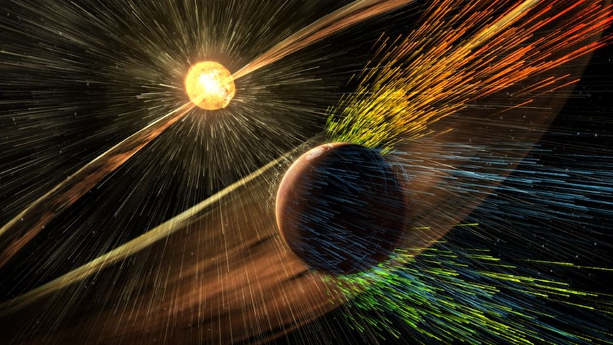 Artist's impresion of Mars being hit by a solar storm