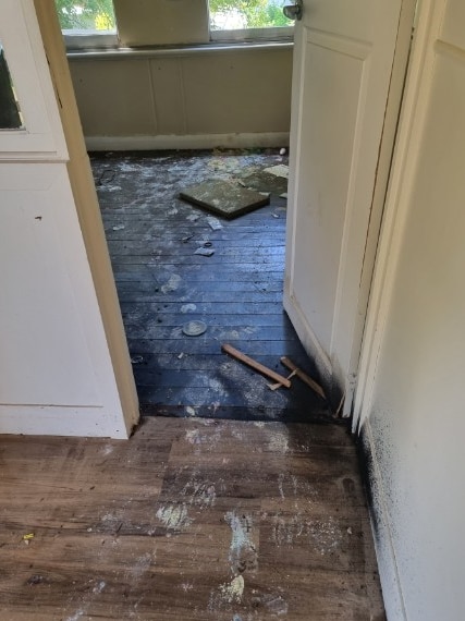 Spray paint and damage to timber flooring in a home.