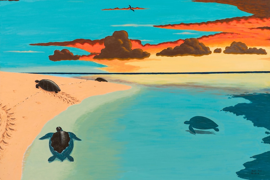 Brightly coloured painting of green water with turtles in it, and a sandy bank and orange clouds against a blue sky.
