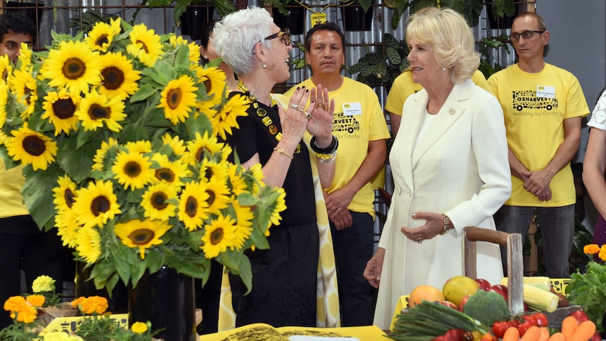 The Duchess of Cornwall, standing next to a large vase of sunflowers, speaks with Oz Harvest CEO, Ronni Khan, in Sydney.