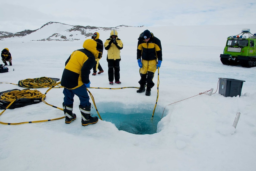 Diving through sea ice near Casey Station, Antarctica