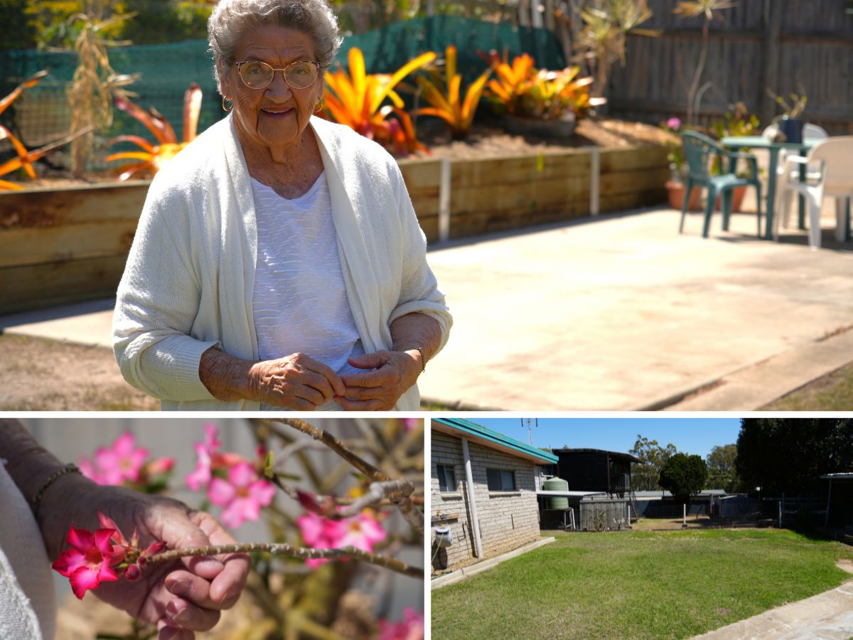 Montage of 3 images: mature lady (Vera Walker) in garden; close-up view of a hand looking at pink flowers; a residential lawn.