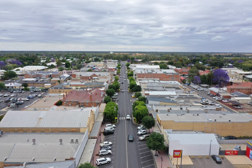 An aerial view of a street in the town of Moree.