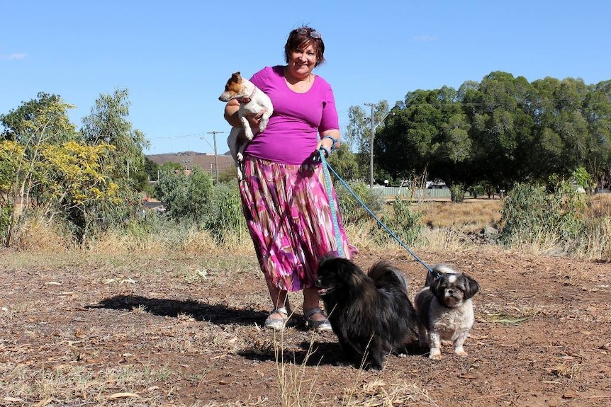 Woman in purple shirt holds dogs on leads