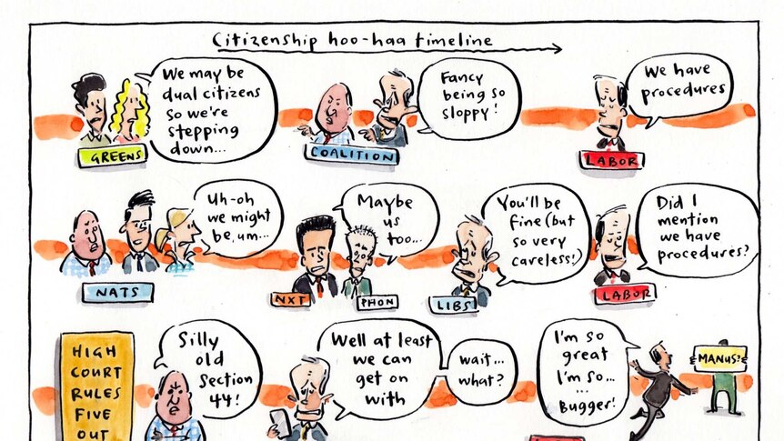 A Cathy Wilcox cartoon published in Fairfax Media about the section 44 citizenship woes of all Australian political parties.