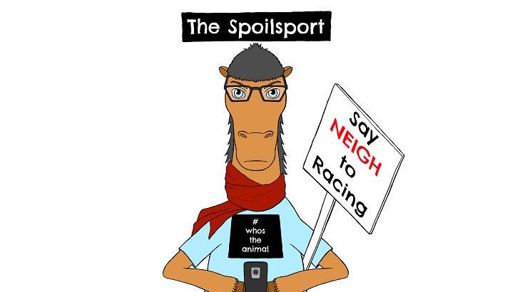 A cartoon drawing of a hipster horse with a sign that reads "say neigh to horse racing"