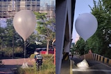 Two balloons with bags of trash connected to them sit in two different streets in a city