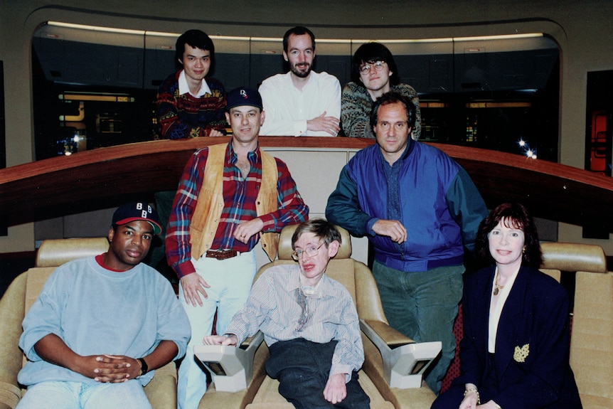 Tim Hunt with Stephen Hawking on the Star Trek set, the USS Enterprise deck.