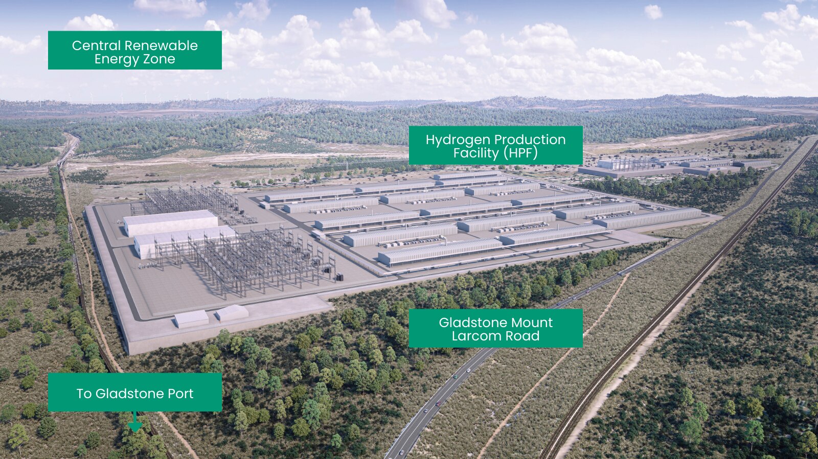 Artists impression of a large industrial facility surrounded by green vegetation.