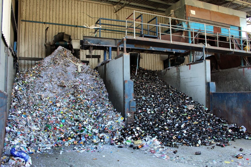 Glass sorted into separate bays at the Materials Recovery Facility, Hume, ACT.