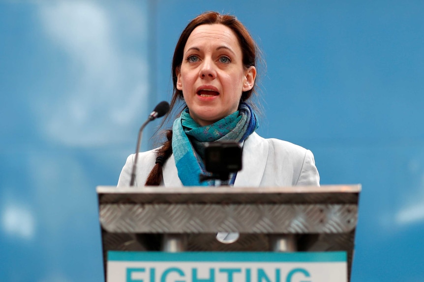 Annunziata Rees-Mogg wears a grey jacket and blue scarf and speaks at a podium