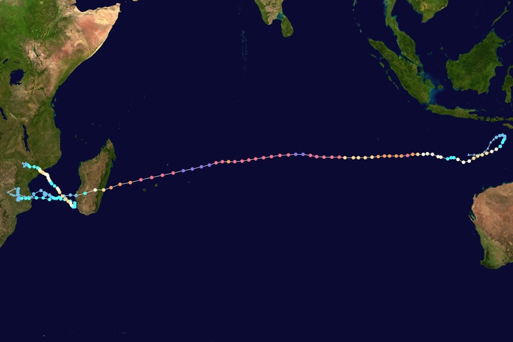 A map showing the path of cyclone Freddy from Australia to Africa