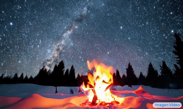 An animated gif of an AI-generated video of a campfire in a snowy forest with a starry sky above