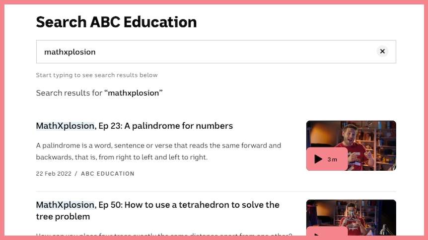 A screenshot of the ABC Education search page shows results for search on 'MathXplosion'