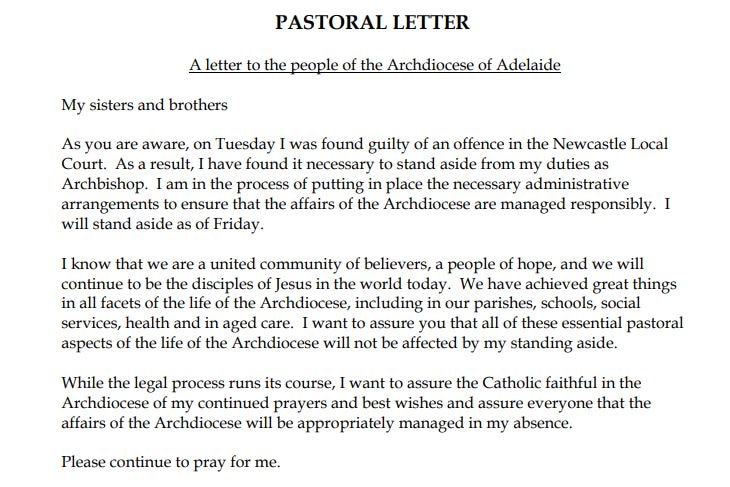 A letter sent to families in Adelaide from Archbishop Philip Wilson