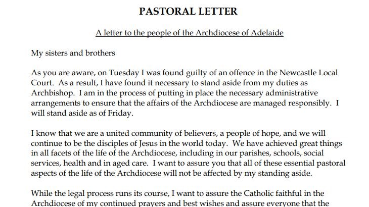 A letter sent to families in Adelaide from Archbishop Philip Wilson