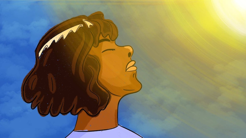 An illustration of a woman with her eyes closed facing the sun in a story about seasonal affective disorder (SAD).