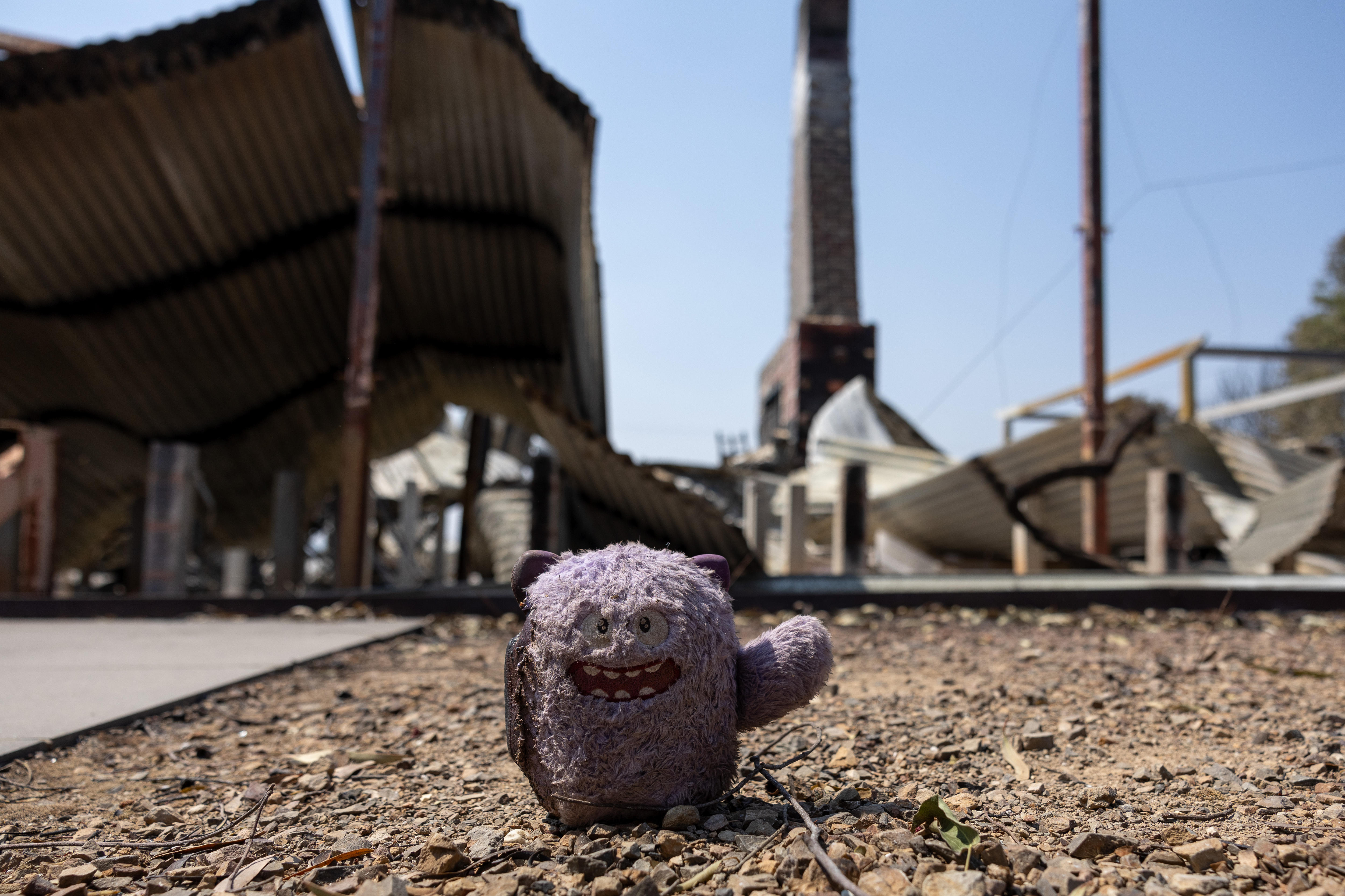 Um bicho de pelúcia roxo na frente de uma casa queimada.