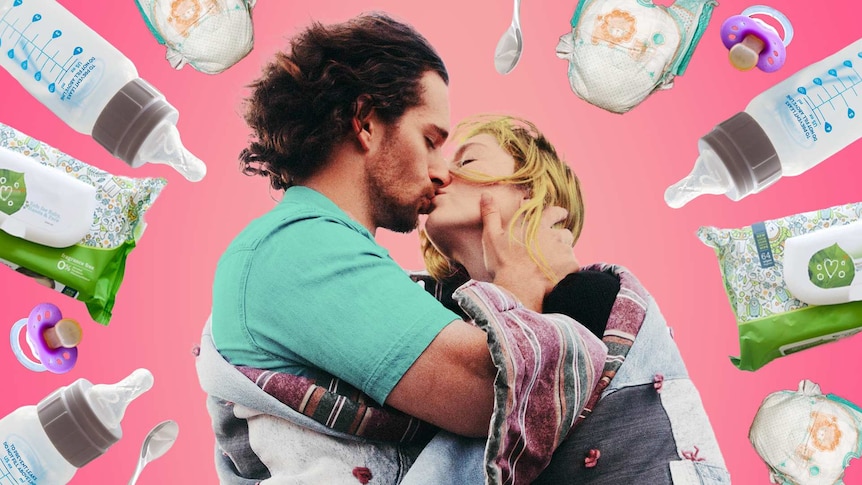 Collage of couple kissing while surrounded by bottles, nappies, dummies and baby wipes to depict relationship changes after kids