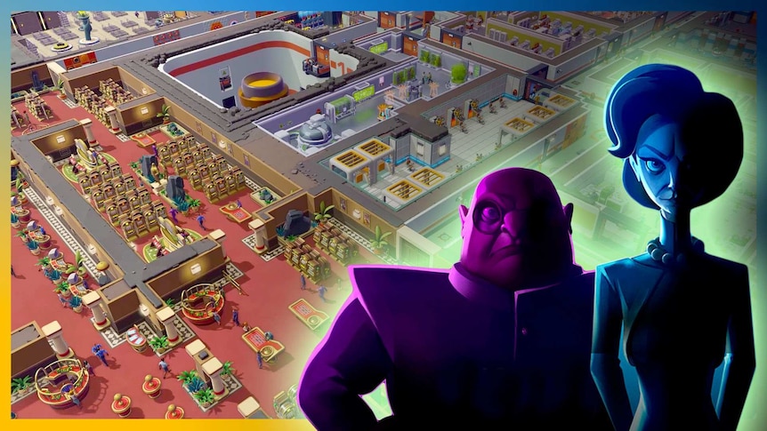 A screencap from the game Evil Genius 2 with two menacing villains in a dark shadow at the front