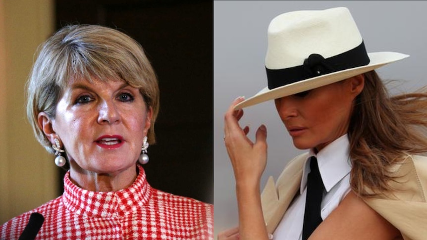 Julie bishop in a red and white checked top and Melania Trump wearing a Panama hat with a coat draped over her shoulders.