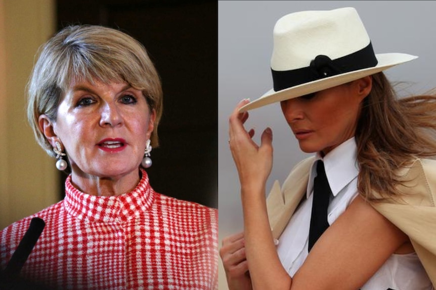 Julie bishop in a red and white checked top and Melania Trump wearing a Panama hat with a coat draped over her shoulders.