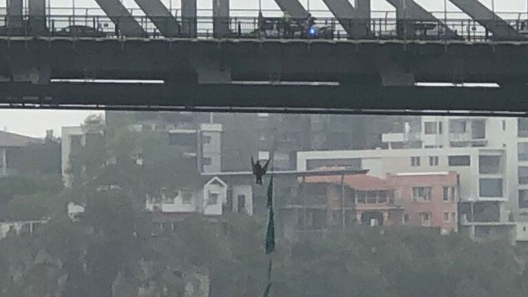 Police are on the bridge with cars backed up as a person sits under the bridge with some unidentifiable flags.