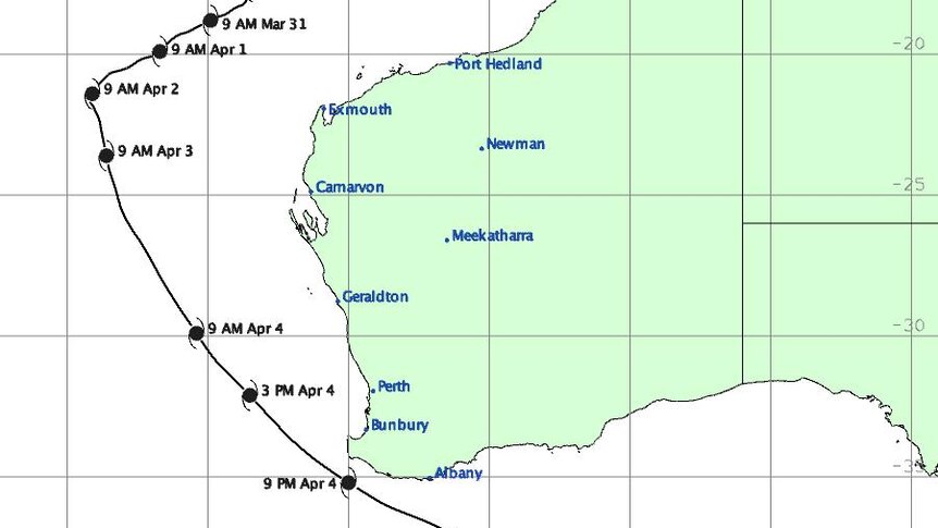 A map of WA with a cyclone tracking from the north coast right around to the south-west.