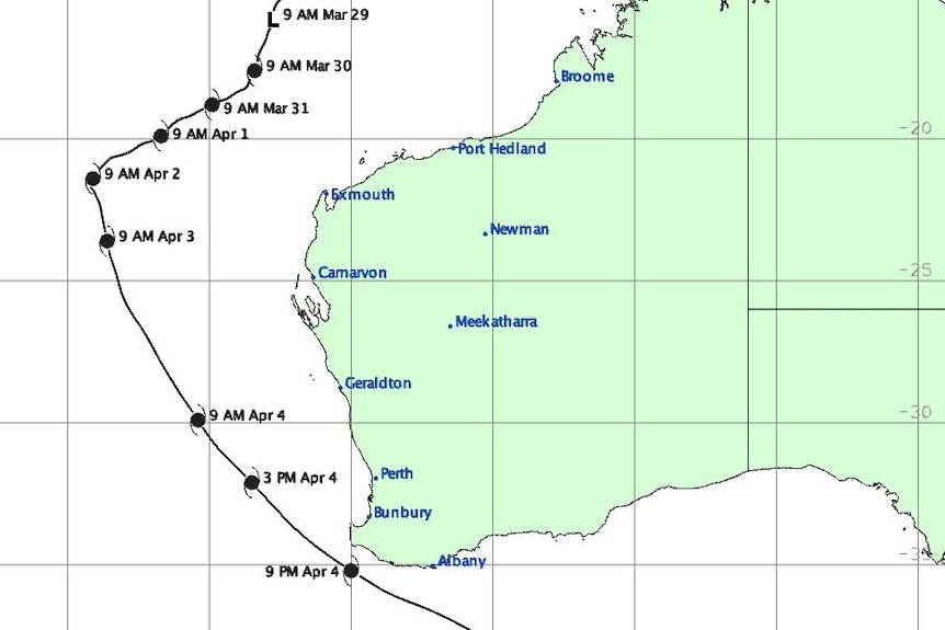 A map of WA with a cyclone tracking from the north coast right around to the south-west.