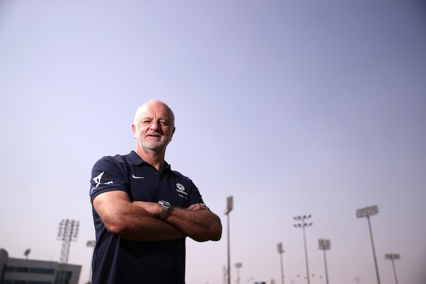 Graham Arnold at the Socceroos' training ground in Doha, Qatar