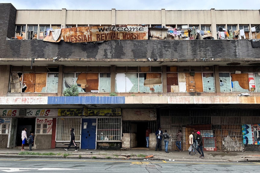 A view of a dilapidated block of flats in Hillbrow, where people struggle with basic services
