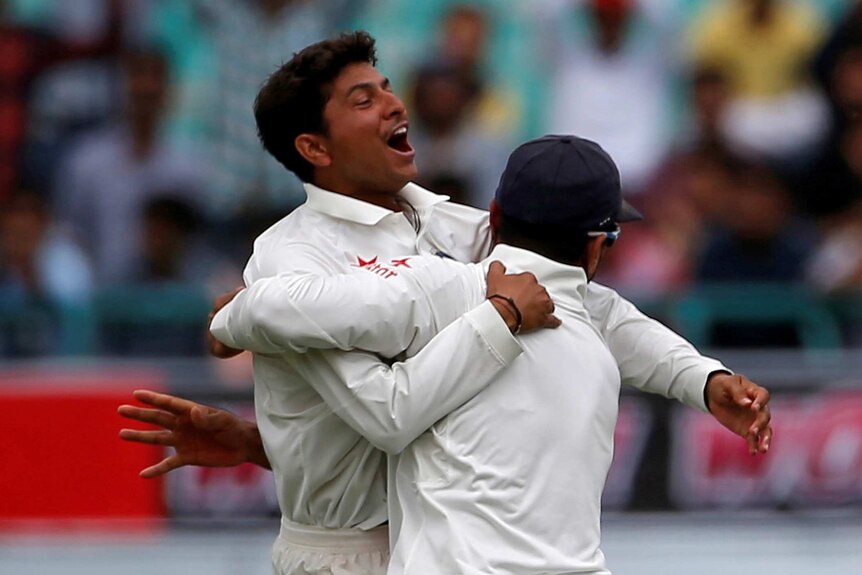 Kuldeep Yadav celebrates a wicket for India