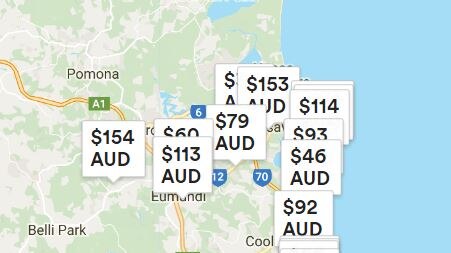 Screenshot of map of the Sunshine Coast showing price tags over many parts of the region. Price tags are for accommodation.