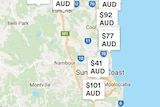 Screenshot of map of the Sunshine Coast showing price tags over many parts of the region. Price tags are for accommodation.