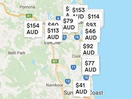 Screenshot of map of the Sunshine Coast showing price tags over many parts of the region. Price tags are for accommodation.