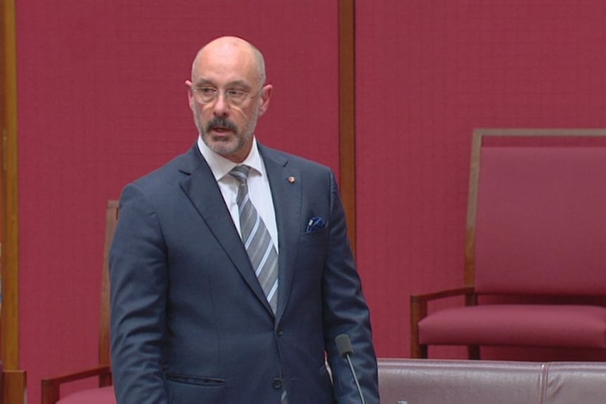 A bald man in a suit and glasses stands up in the Senate chamber as he speaks.