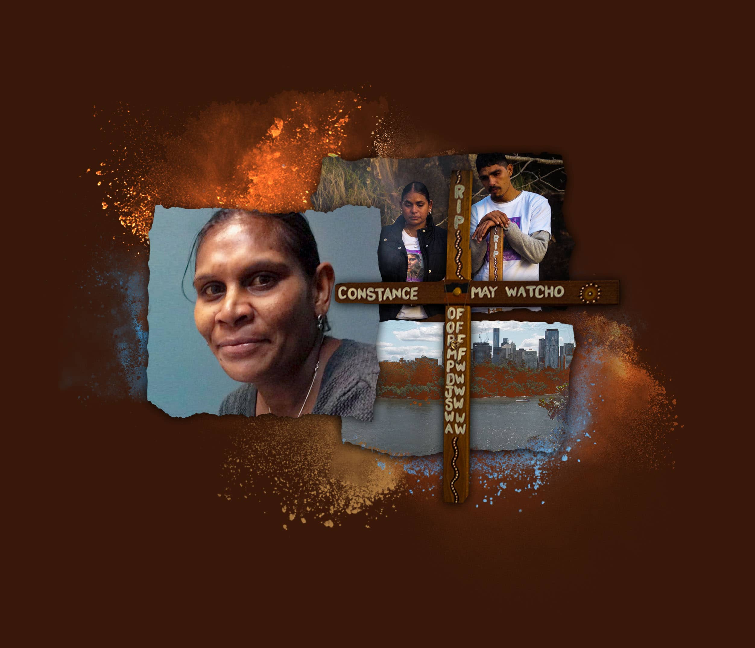 A collage image of Constance Watcho (left), two of her children (top right) and the Brisbane skyline. 