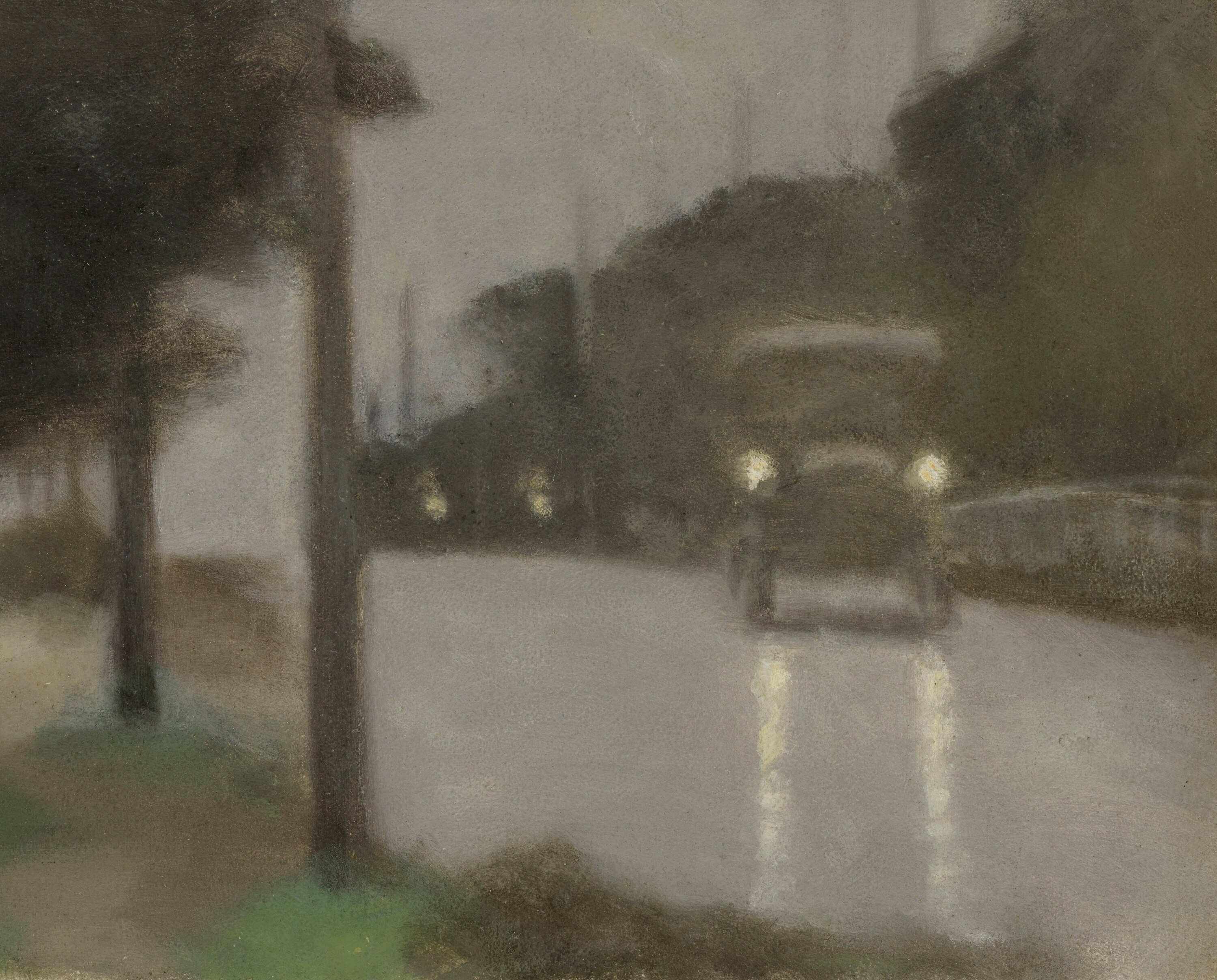 A painting by Clarice Beckett, blurry realism, of a 1920s car driving on a misty street