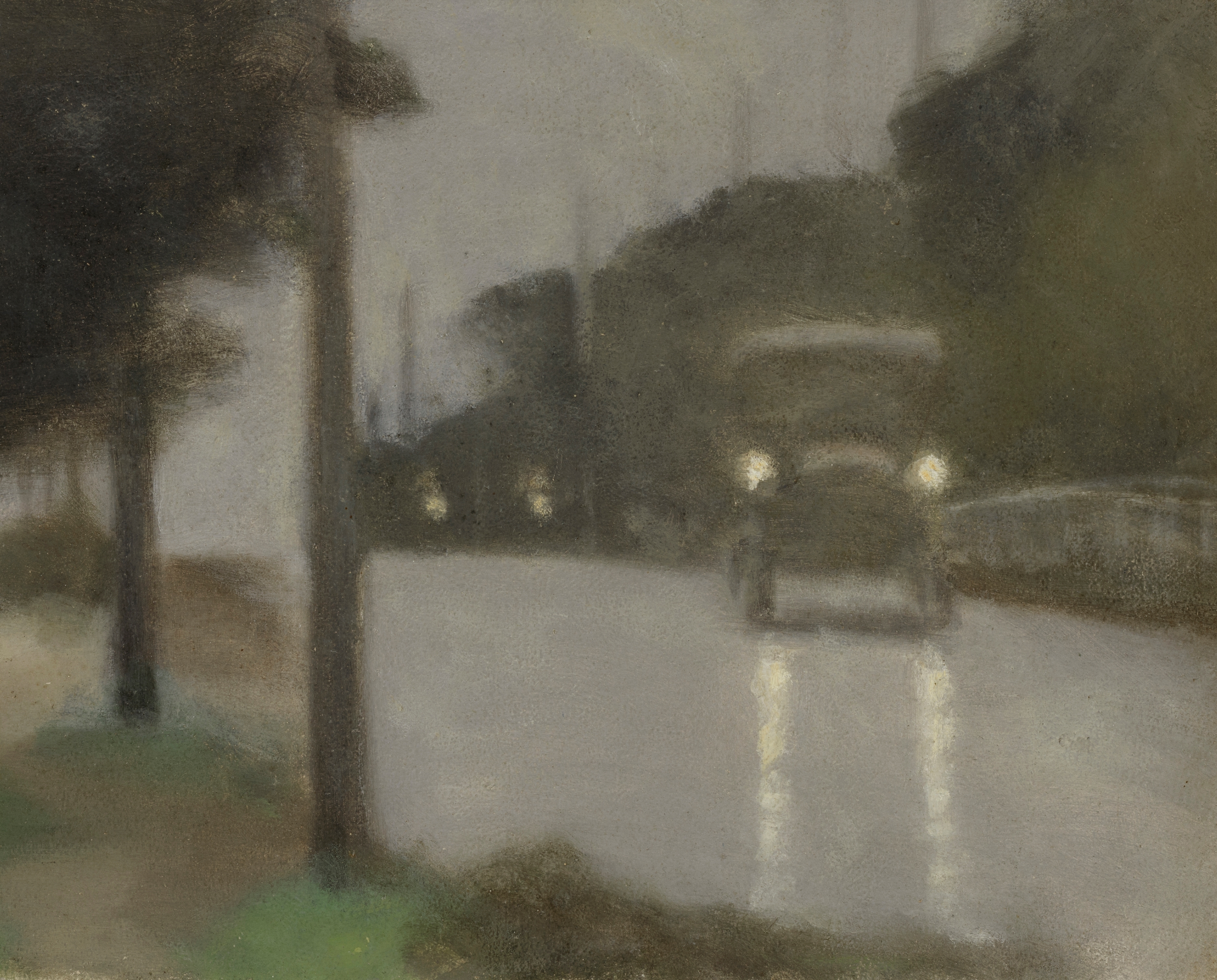 A painting by Clarice Beckett, blurry realism, of a 1920s car driving on a misty street