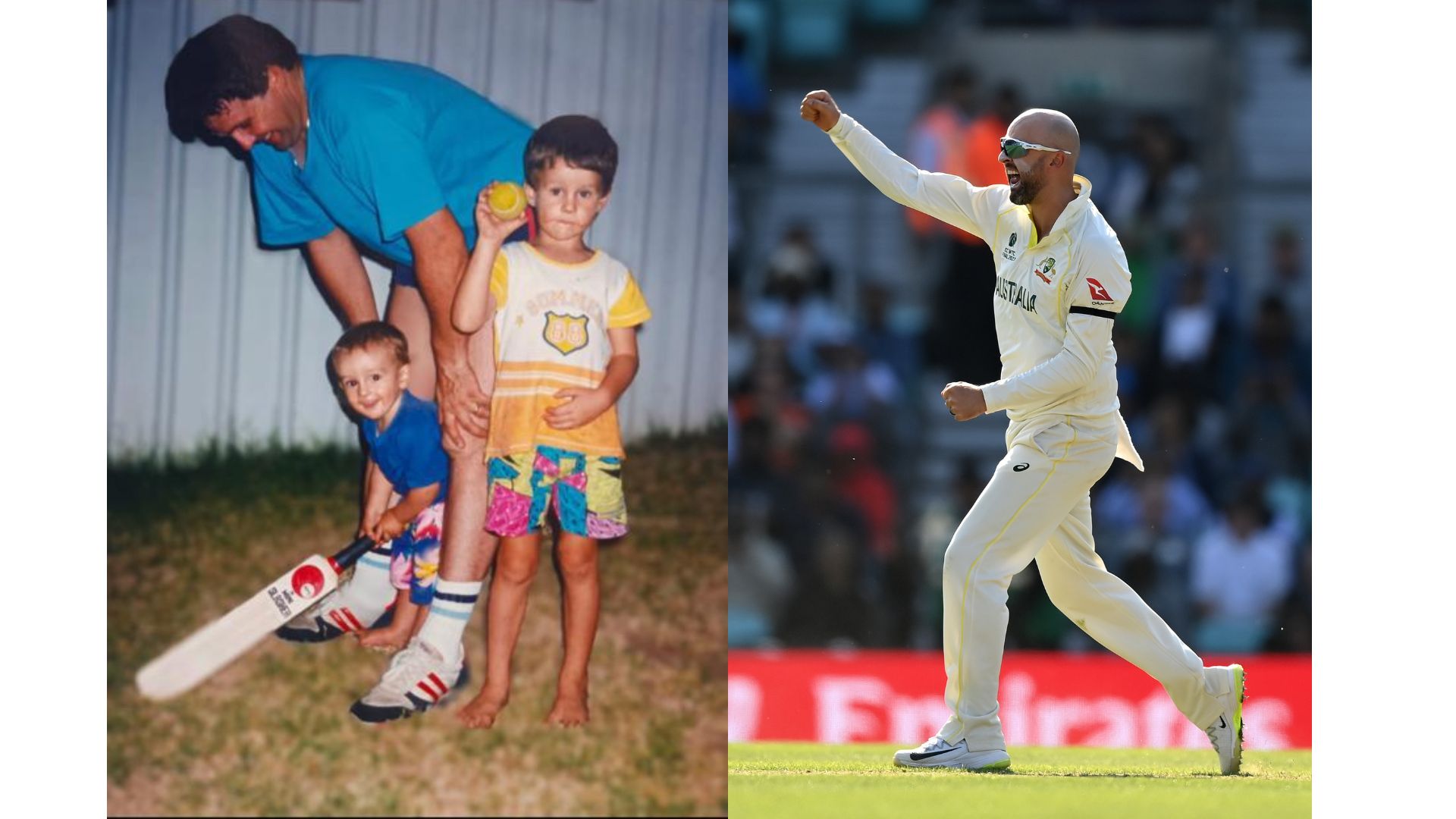 A dad and his two children, next to an image of a man celebrating