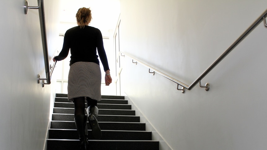 An officer worker walking up stairs.