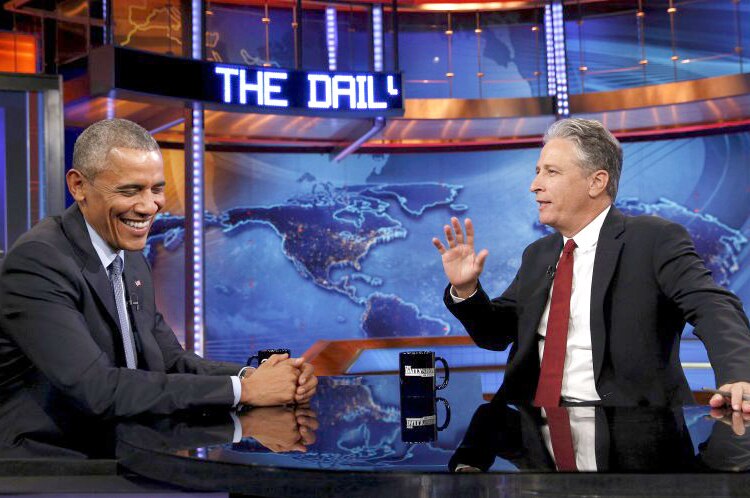 Barack Obama talks with Jon Stewart