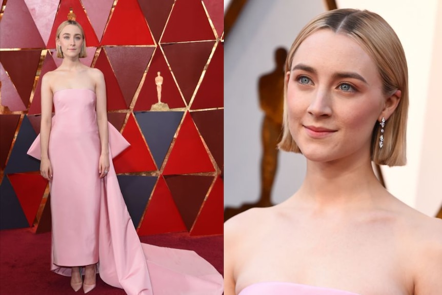 Saoirse Ronan from Ladybird arrives wearing pink on the red carpet.
