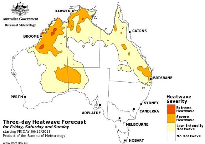 Map of Australia showing where will be affected by a three-day heatwave.