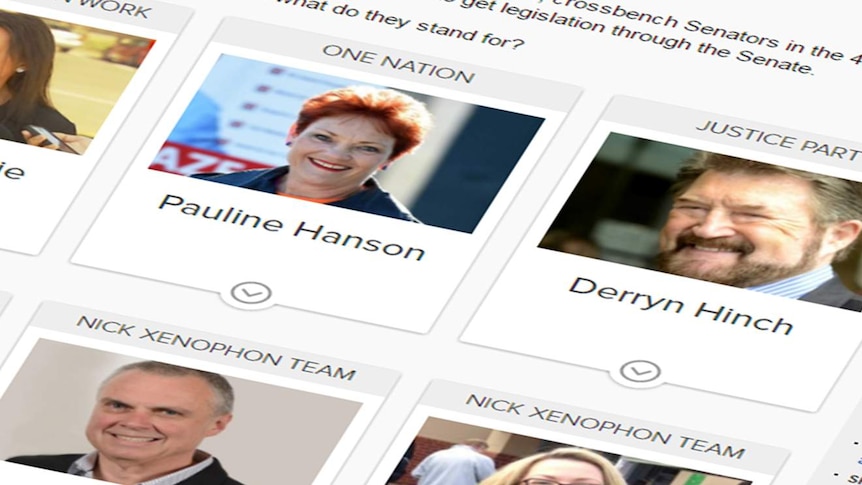 A screenshot showing the piece Who is who in the Senate zoo, with Derryn Hinch and Pauline Hanson visible.